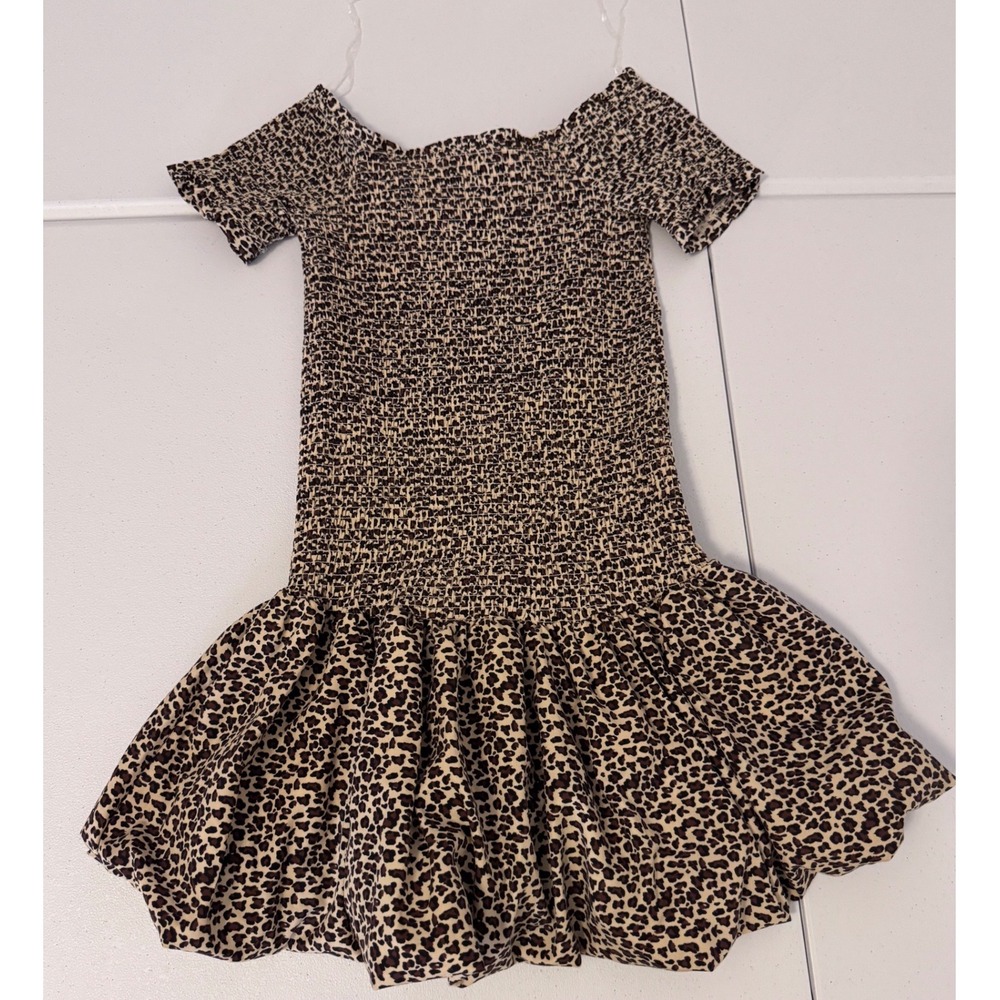 Jolie‎ & Joy Leopard Print Smocked Mini Dress Short Sleeve Animal Print L u3